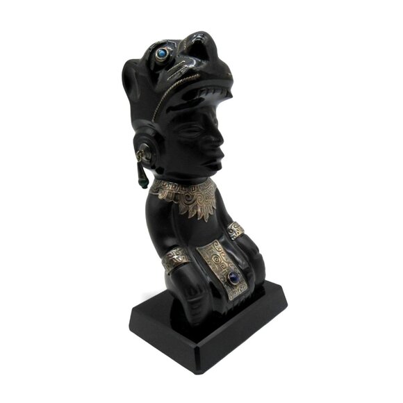 Obsidian Black Stone Sculpture with 925 Silver Accents Taxco Mexico Vintage - Picture 3 of 13